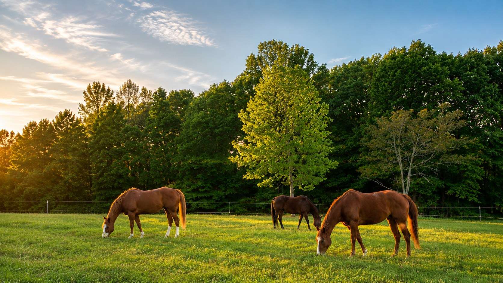 Horses grazing in the pasture at sunset